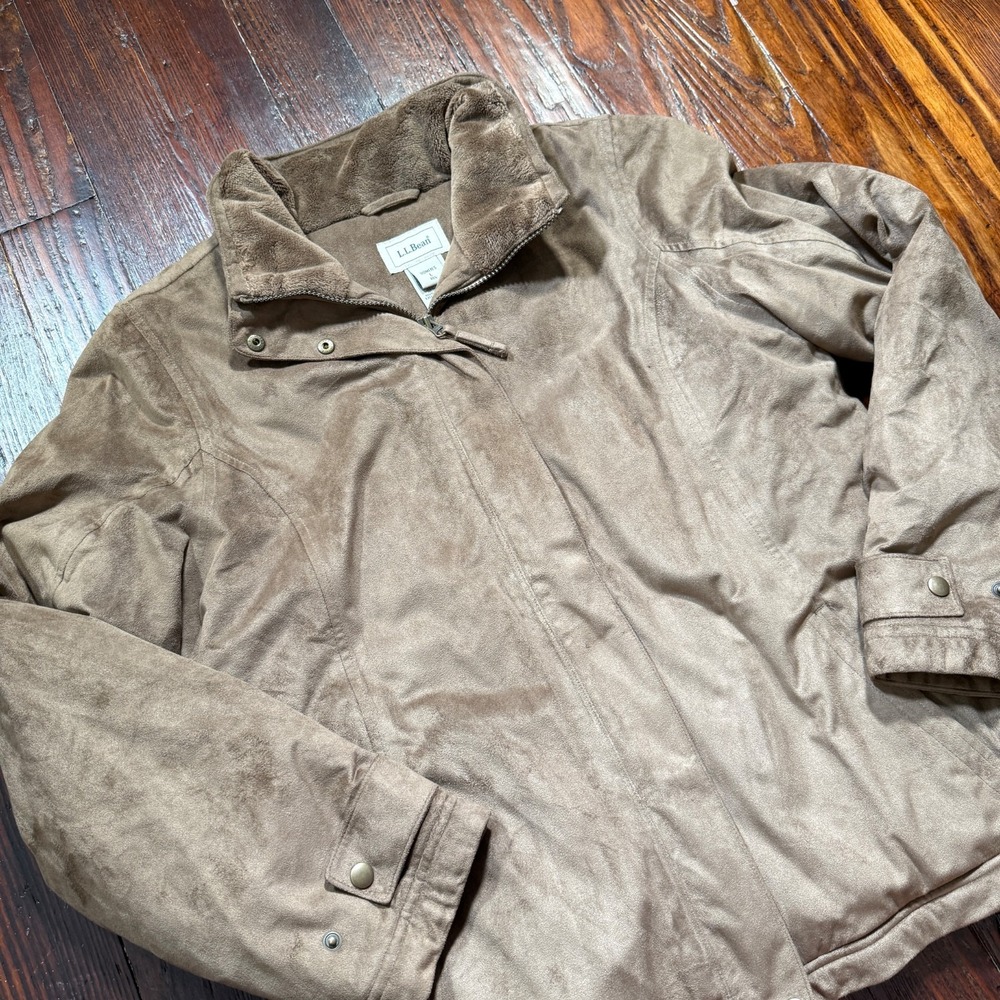 L.L. Bean Jacket Women Large Brown Faux Suede Fleece Lined Primaloft 0FJV4‎
